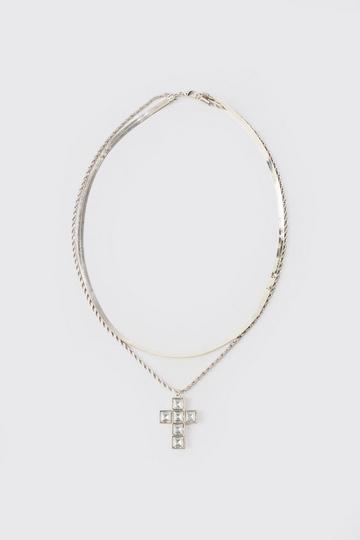 Iced Cross Pendant Double Chain Necklace In Silver silver