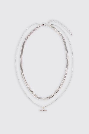 Silver Double Chain T Bar Necklace In Silver