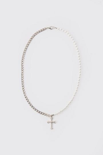 Pearl And Cuban Chain Necklace With Cross Pendant In Silver silver