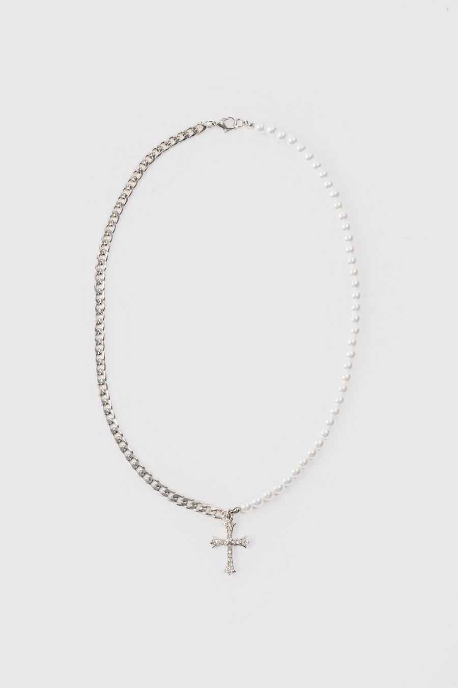 Pearl And Cuban Chain Necklace With Cross Pendant In Silver image number 1