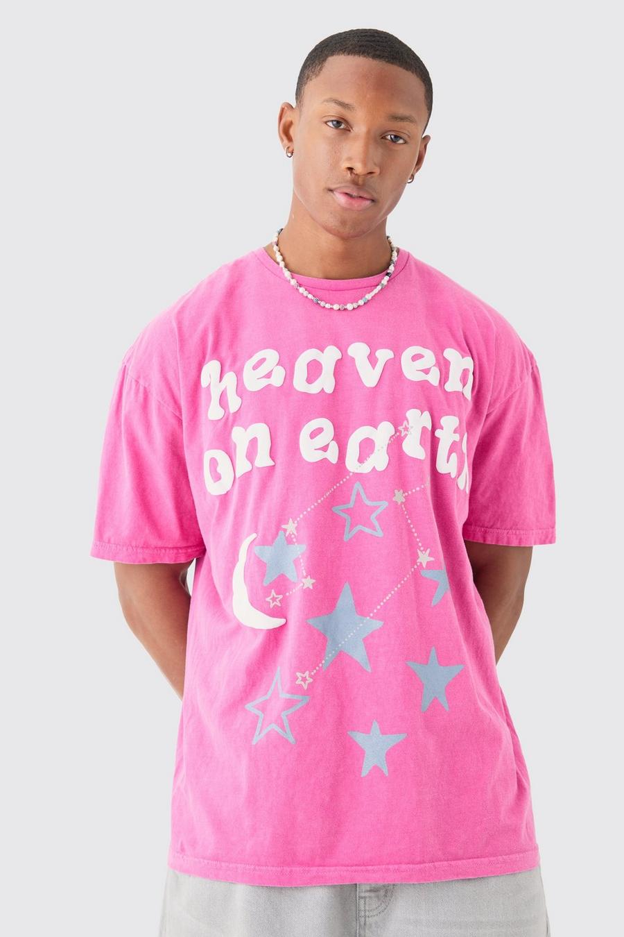 T-shirt oversize con stampa Heaven On Earth a caratteri arrotondati, Pink image number 1