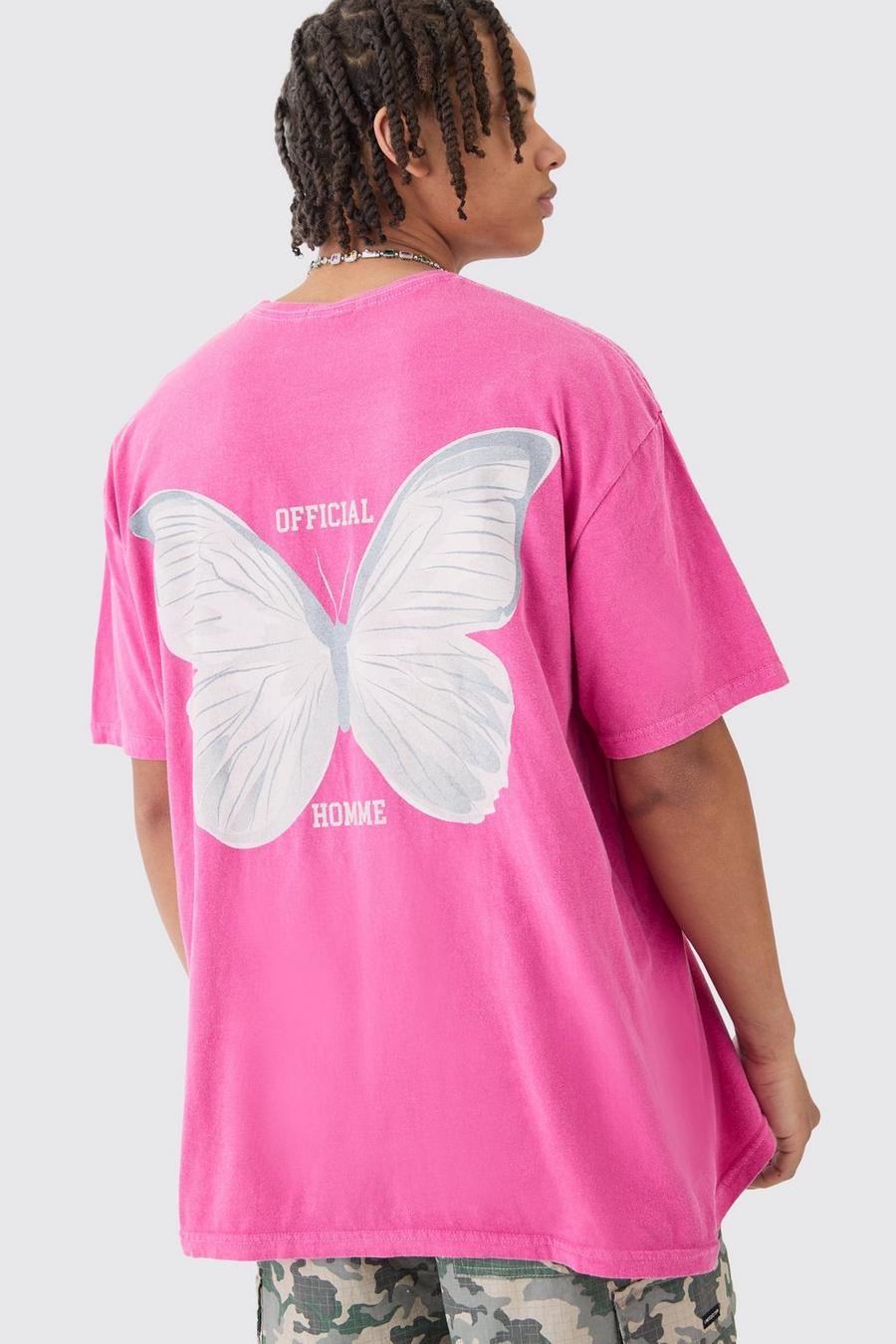 Pink Oversized Gebleekt T-Shirt Met Brede Nek En Vlinder Print