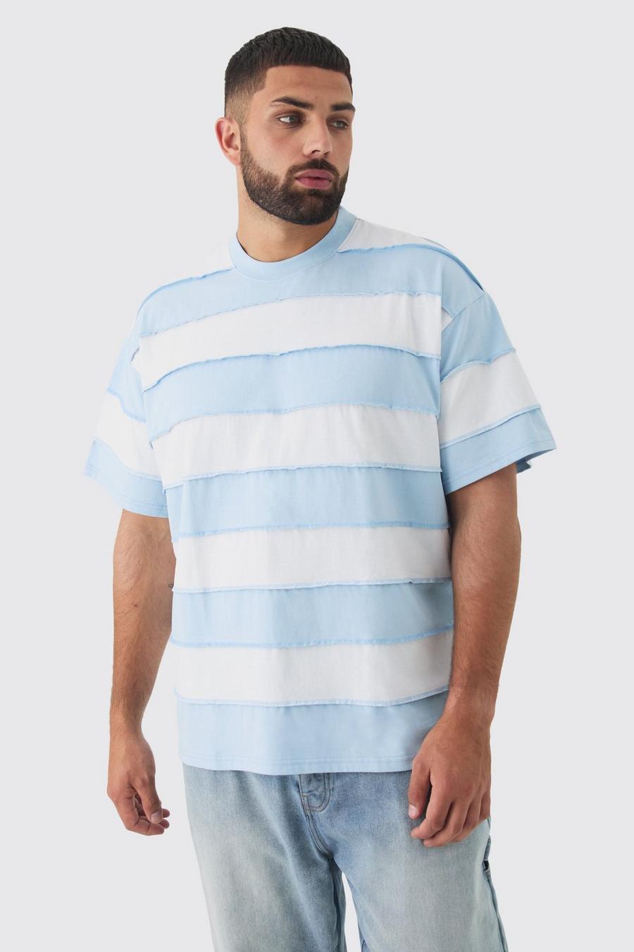 Light blue Plus Oversized Stripe Raw Seam T-shirt image number 1