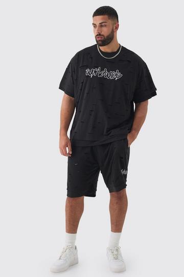 Plus Oversized Distressed Double Layer Worldwide T-Shirt & Short Set black