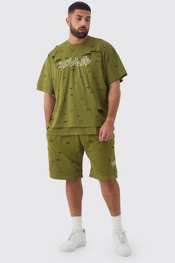 Plus Oversized Distressed Double Layer Worldwide T-Shirt & Short Set khaki