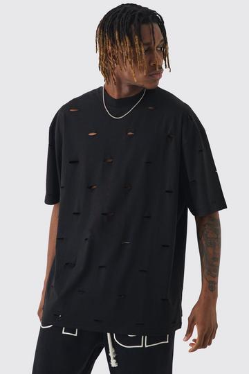 Black Tall Oversized Distressed Overdye T-shirt