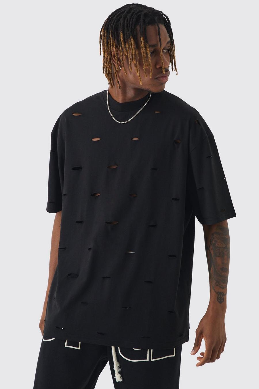 Black Tall Oversized Distressed Overdye T-shirt image number 1