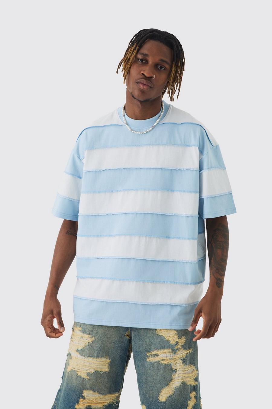 Light blue Tall Oversized Stripe Raw Seam T-shirt image number 1