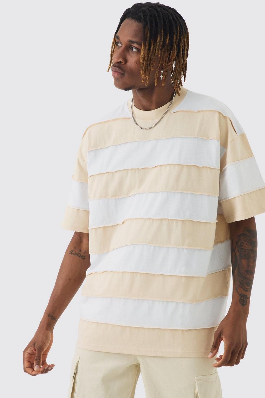 Stone Tall Oversized Stripe Raw Seam T-shirt image number 1