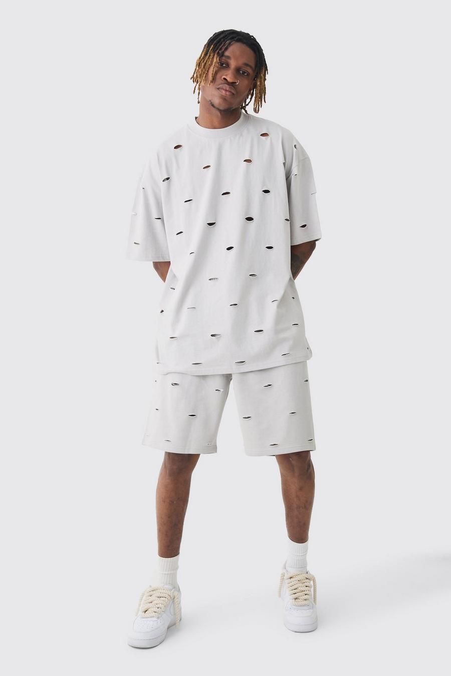 Grey Tall Oversized Distressed Overdye T-shirt & Short Set