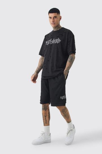 Tall Oversized Double Layer Homme T-shirt & Short Set black