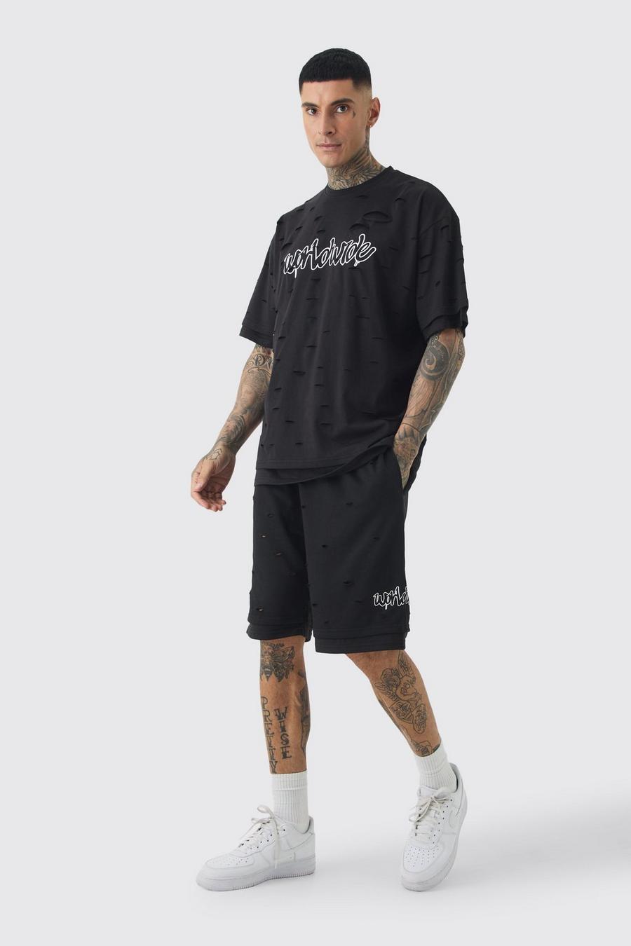 Black Tall Oversized Double Layer Homme T-shirt & Short Set image number 1