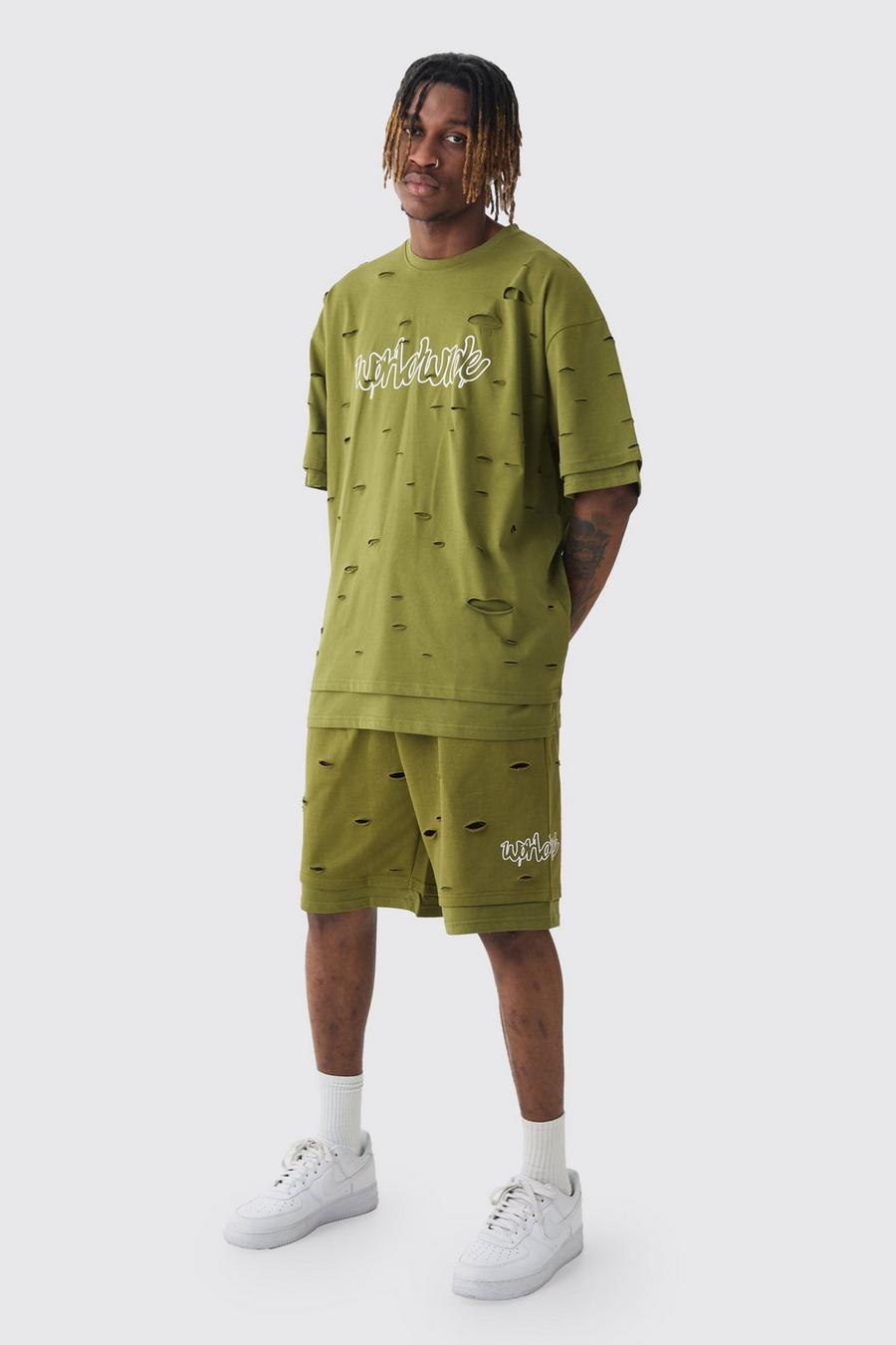 Khaki Tall Oversized Double Layer Homme T-shirt & Short Set image number 1