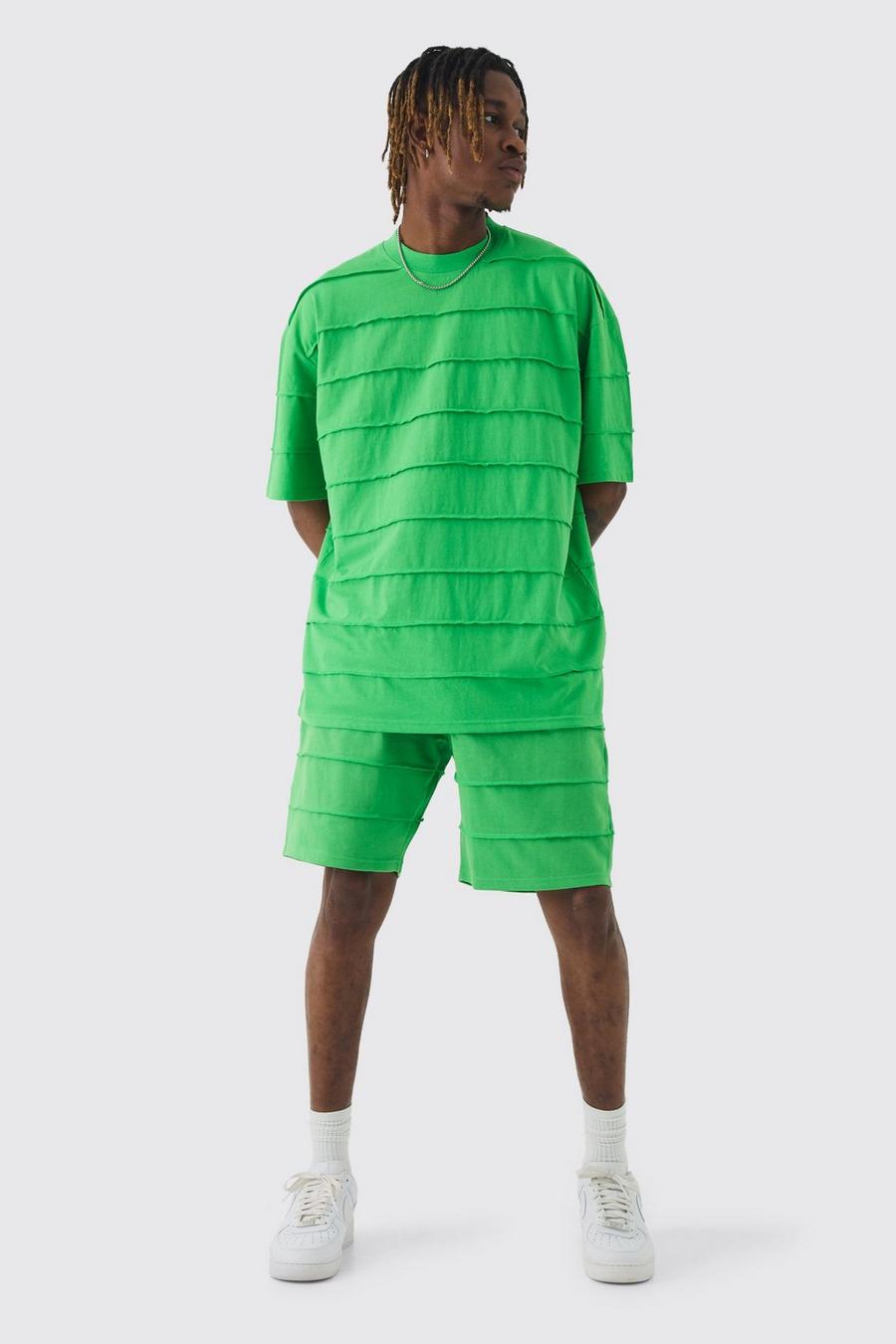 Green Tall Oversized Stripe Raw Seam T-shirt & Short Set image number 1