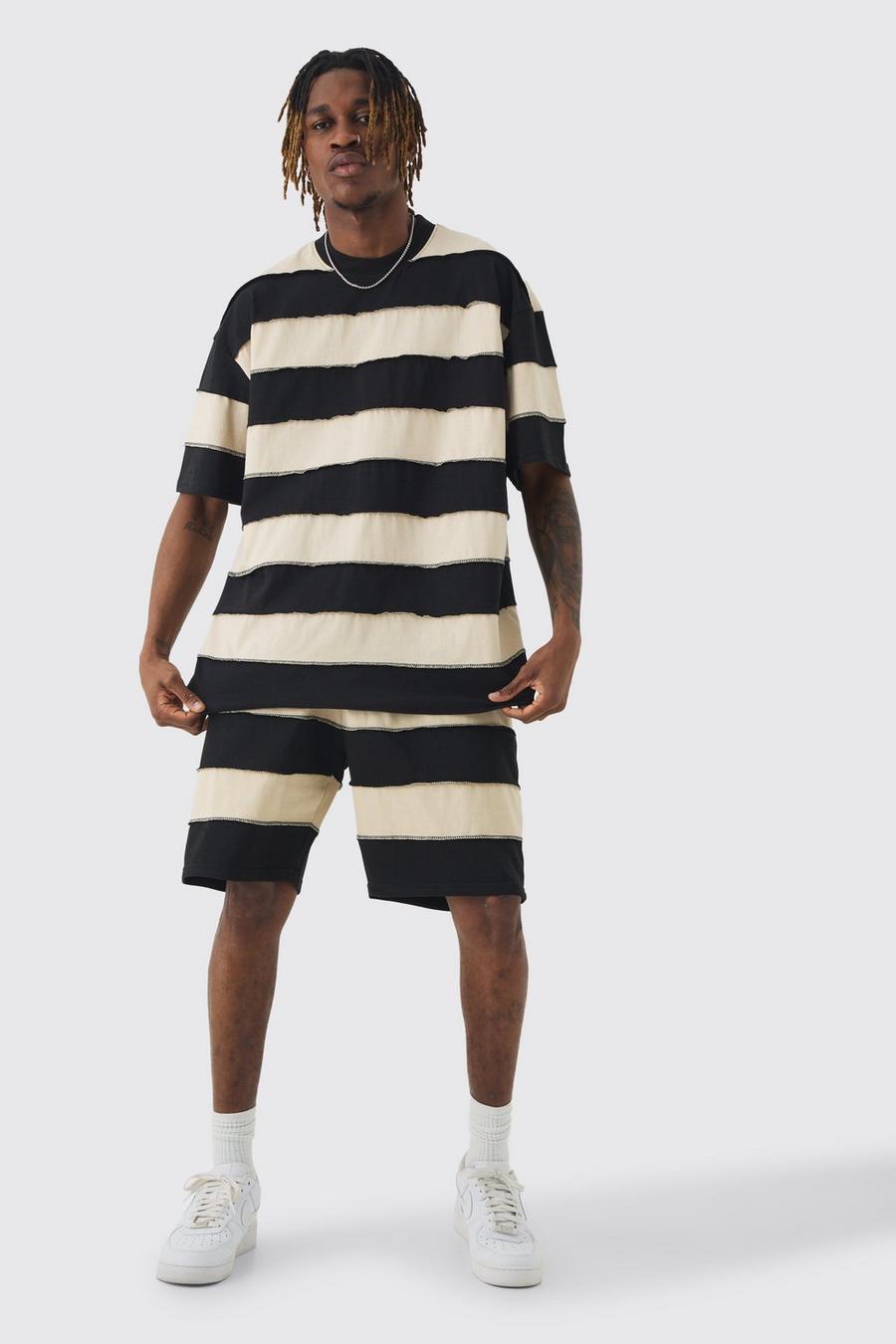 Multi Tall Oversized Stripe Raw Seam T-shirt & Short Set