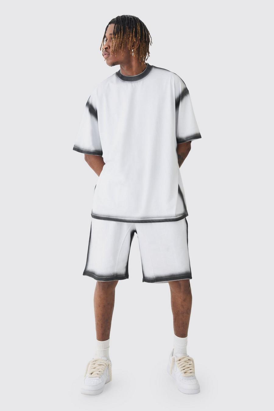 White Tall Oversized Extended Neck Spray Wash T-shirt & Short Set