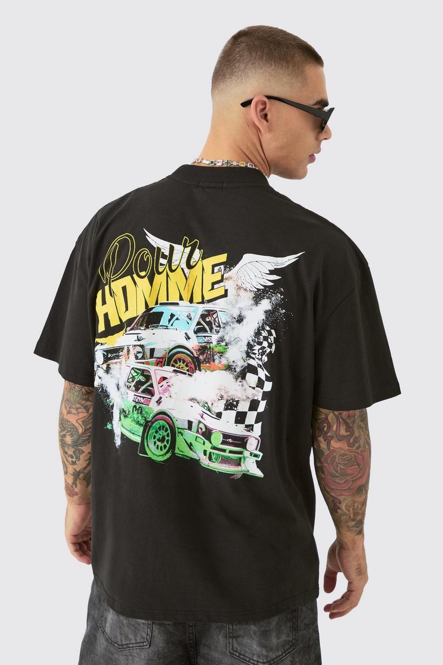 Oversized Extended Neck Race Car Graphic Back Print T-shirt, Black