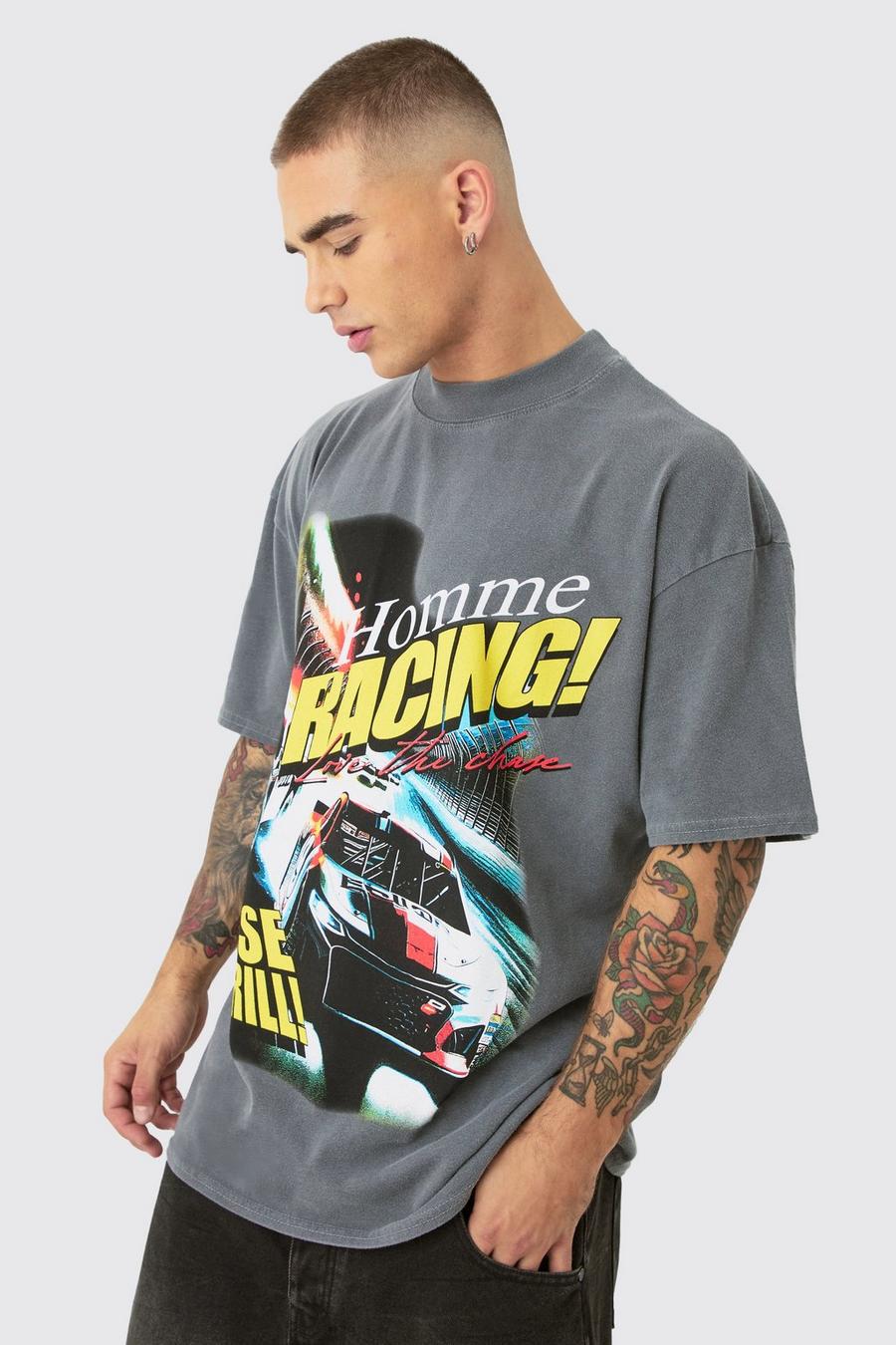 Camiseta oversize con estampado gráfico de Car Chase, Charcoal image number 1