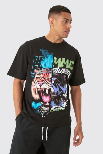 Oversized Spliced Tiger Space Graphic T-shirt black
