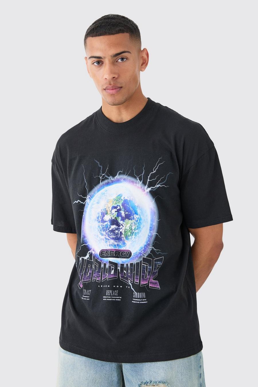 Black Oversized Earth T-Shirt Met Print En Brede Nek
