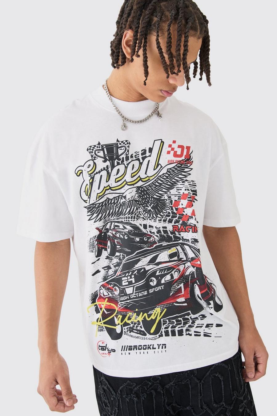 White Oversized Extended Neck Car Graphic T-shirt
