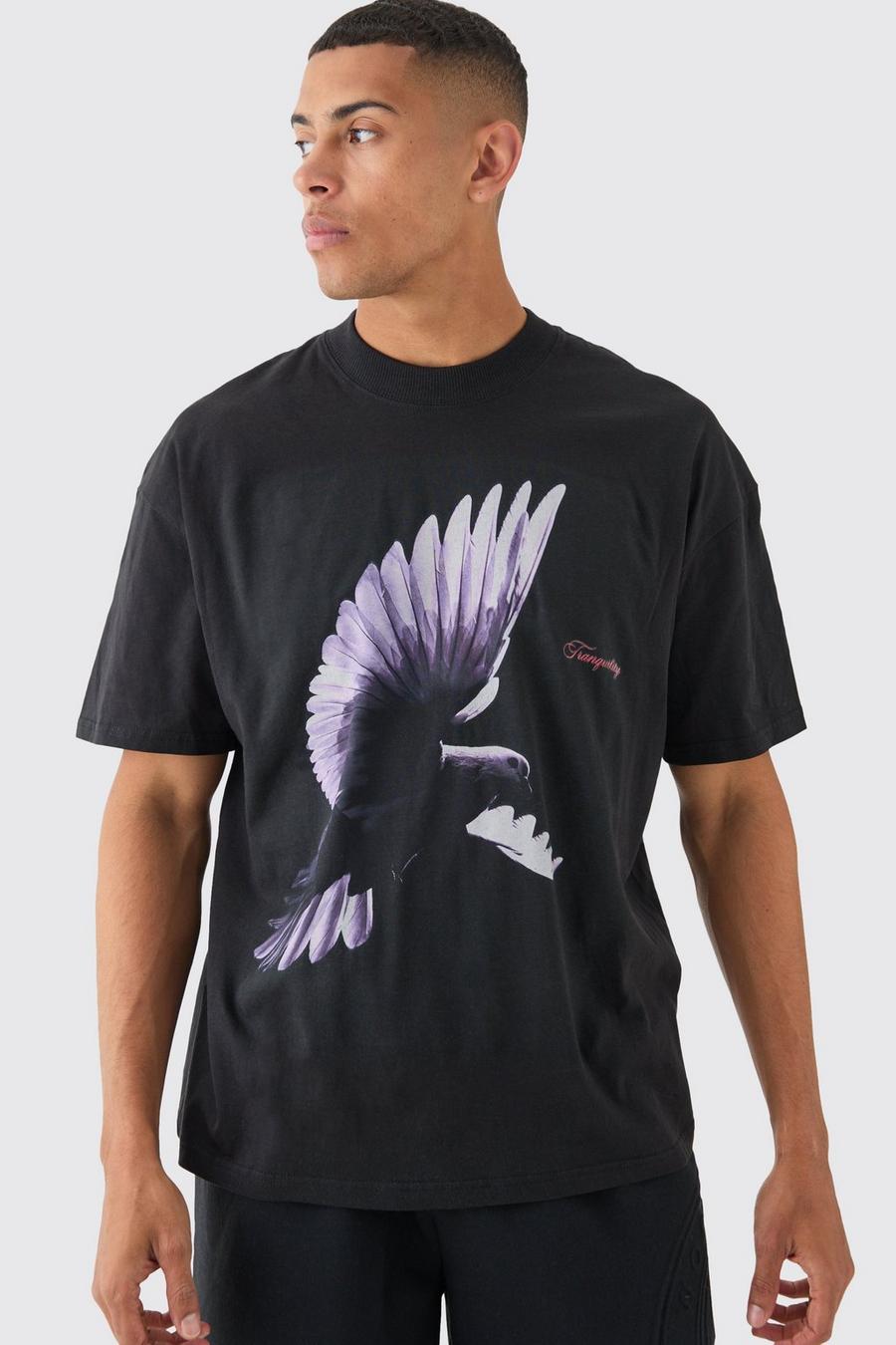 Camiseta con cuello extendido y estampado gráfico de paloma, Black image number 1