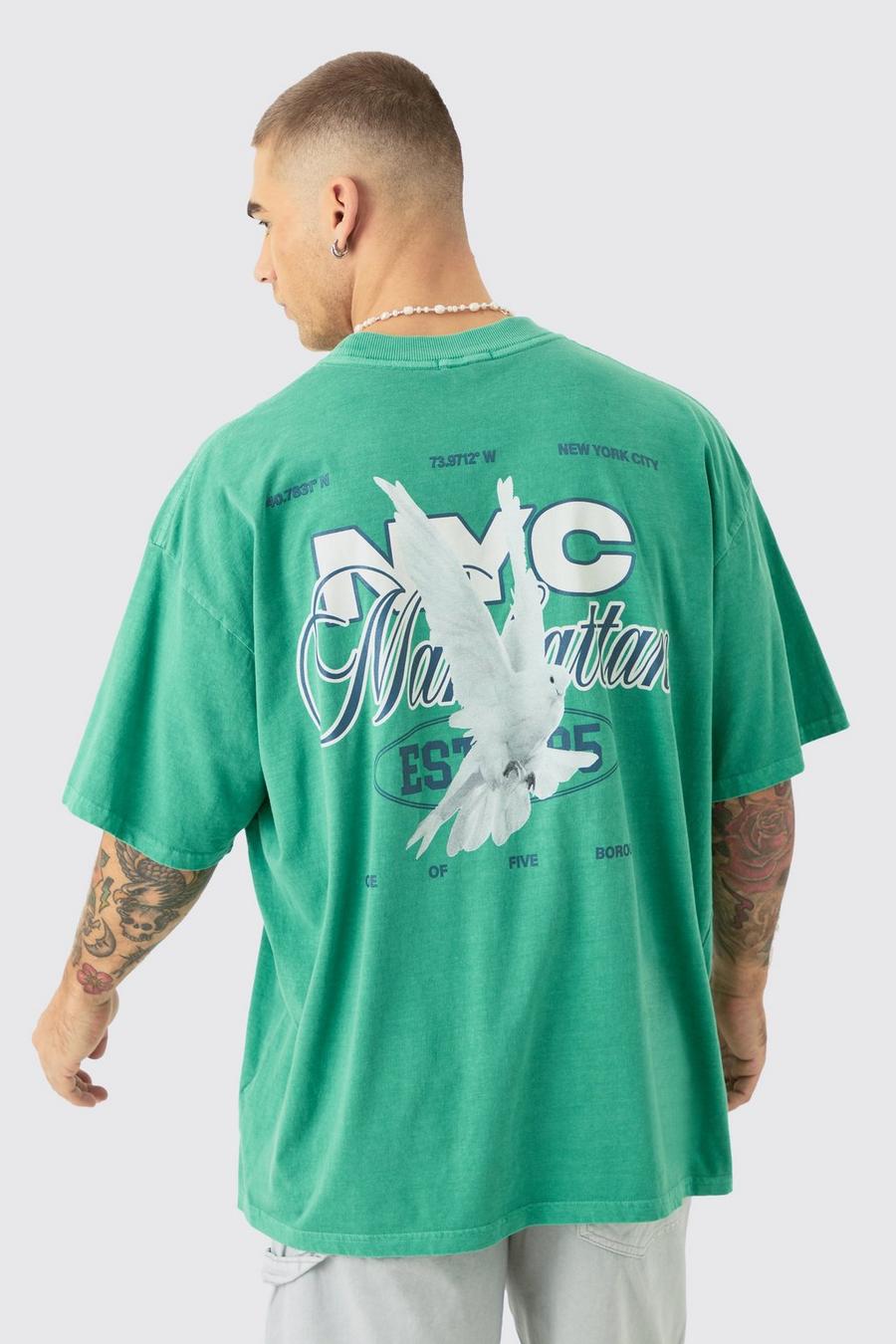 Dark green Oversized Extended Neck NYC Dove Back Print T-shirt image number 1