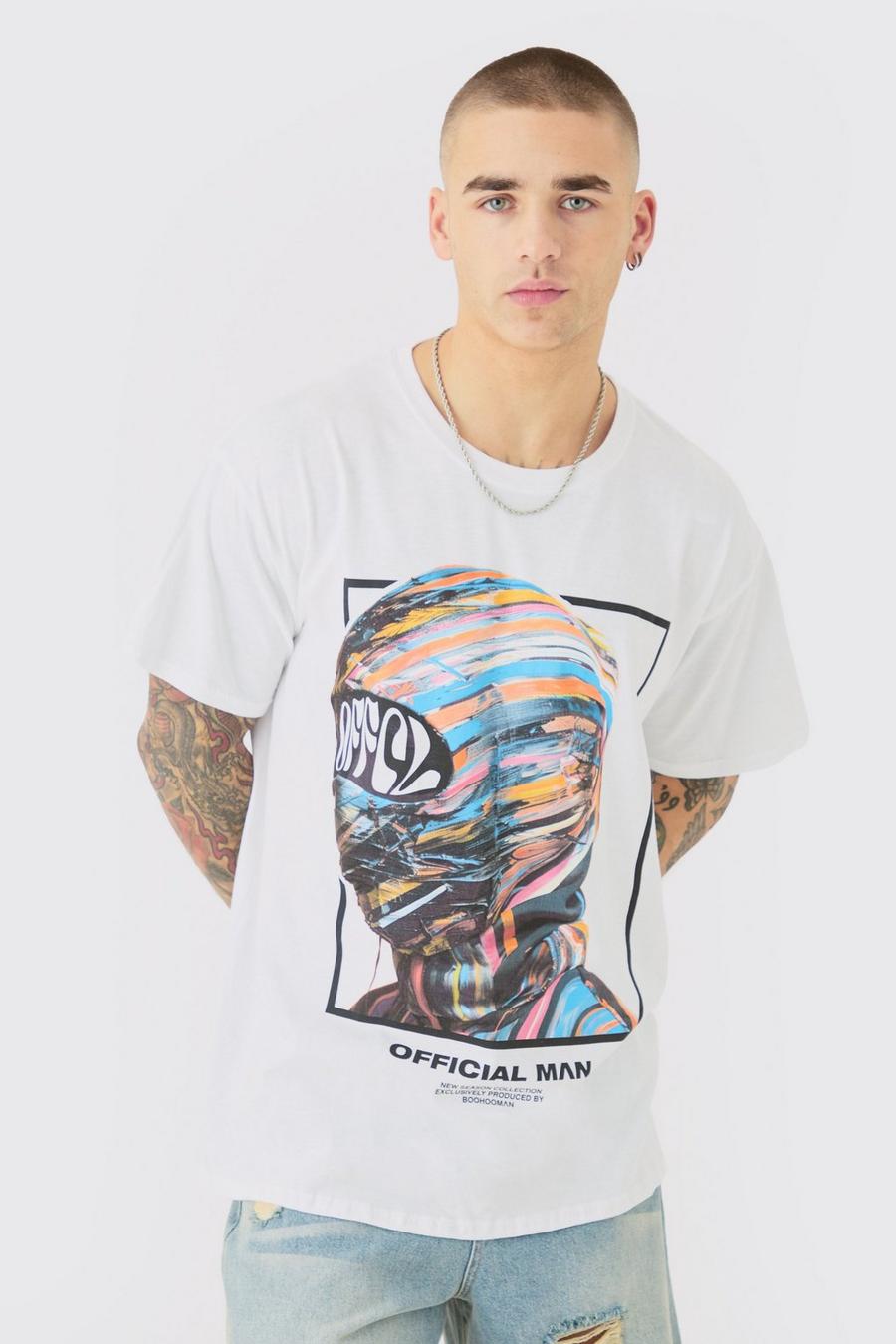 White Oversized OFCL Mask Graphic T-shirt image number 1