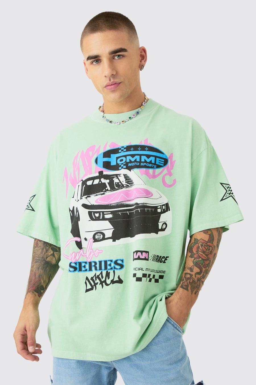 Green Oversized Graffiti Car Graphic Wash T-shirt