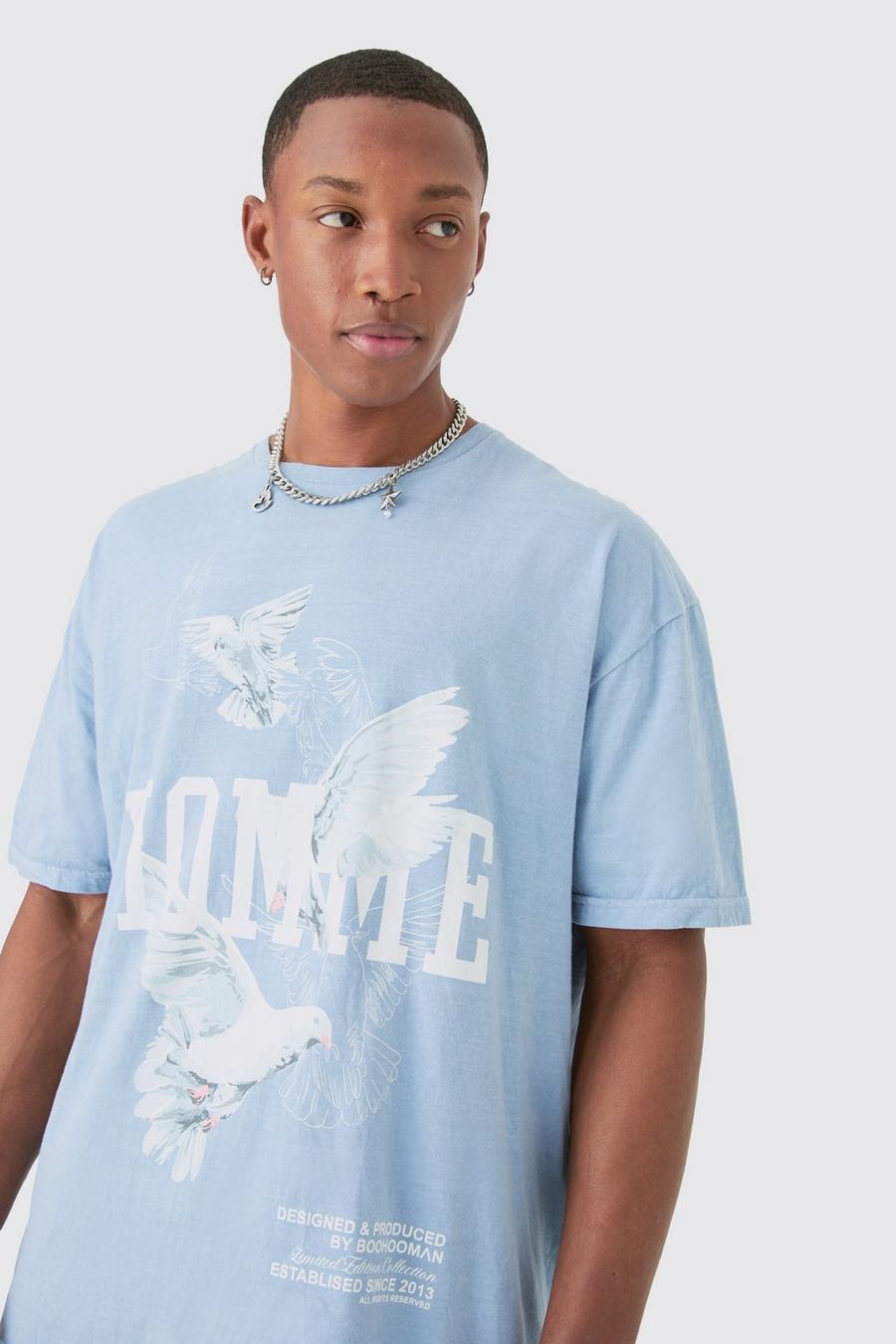Camiseta oversize con estampado desteñido de paloma, Blue