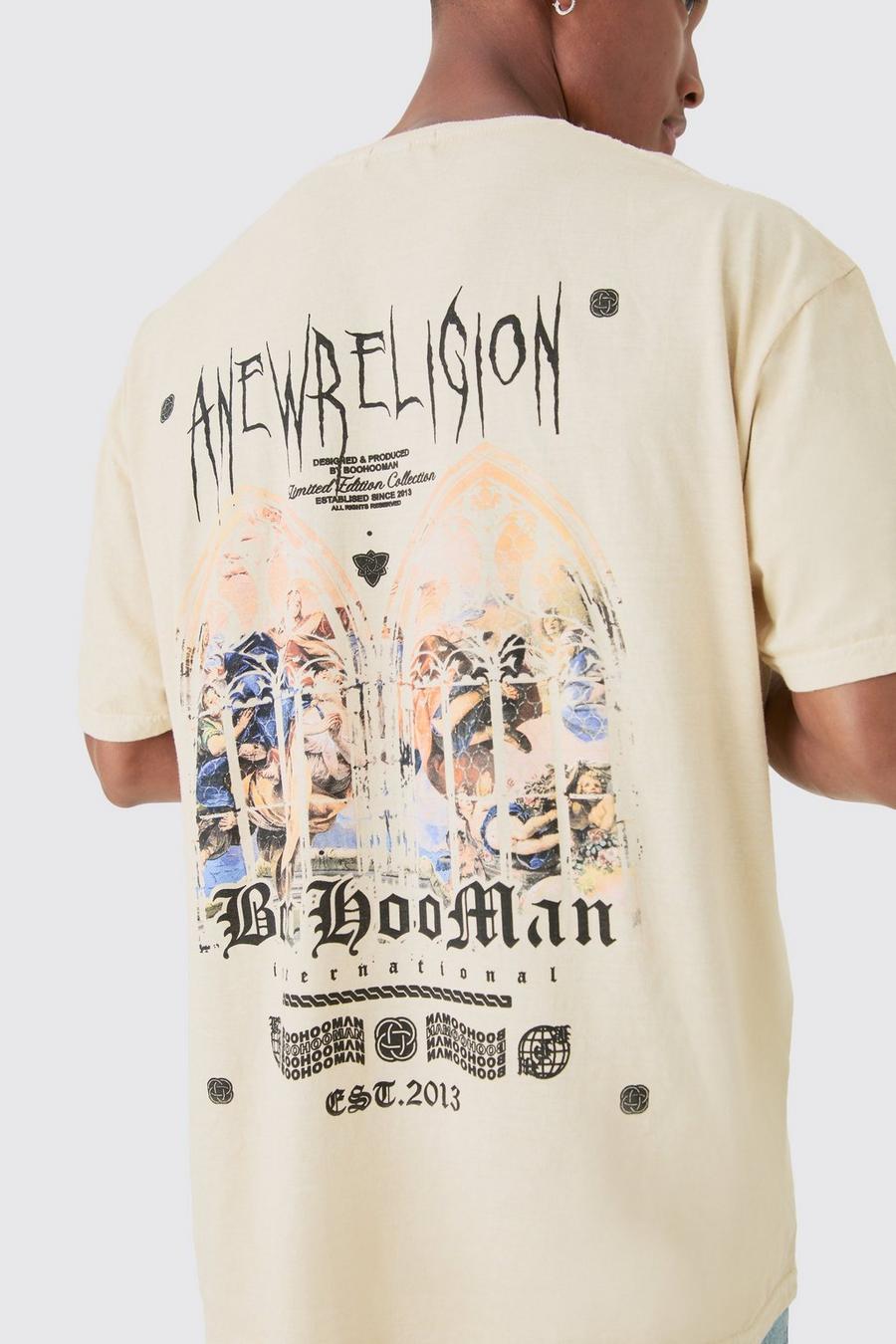 Ecru Oversized Washed A new Religion Print T-shirt image number 1