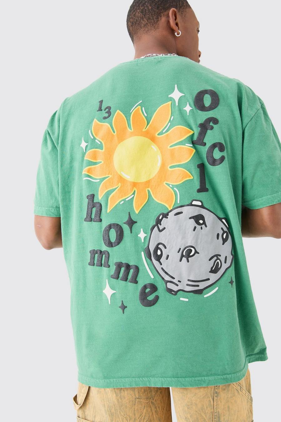 T-shirt oversize in lavaggio slavato con stampa di motivi spaziali e fiori, Green