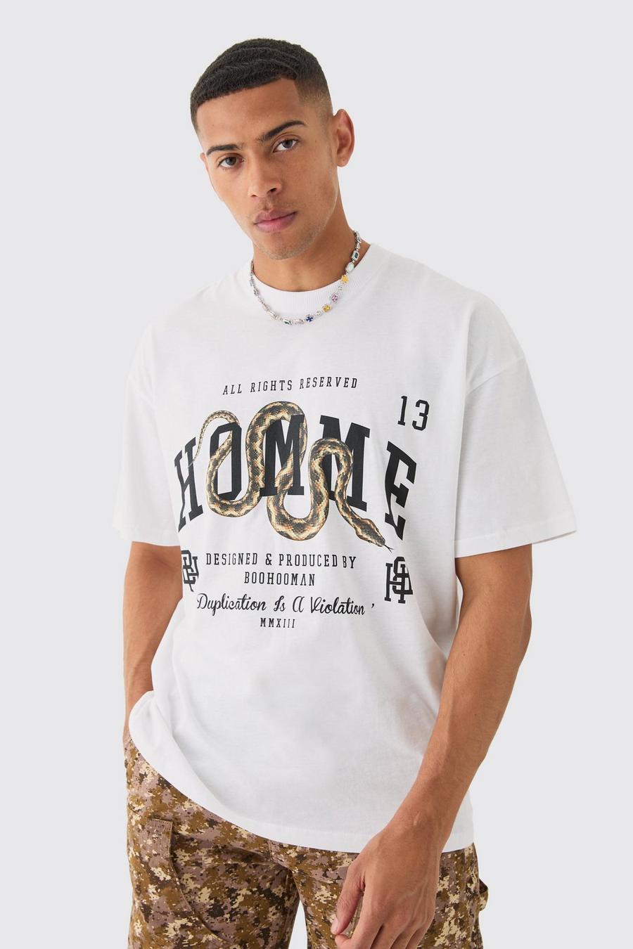 T-shirt oversize Homme con stampa di serpente, White image number 1