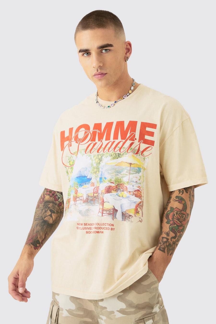 T-shirt oversize in lavaggio Homme con stampa Paradise, Ecru