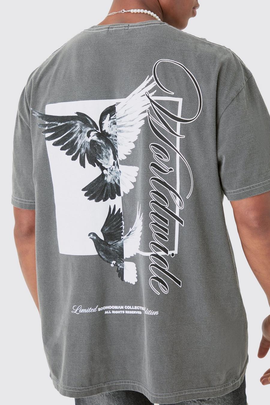 T-shirt oversize à imprimé colombe, Charcoal