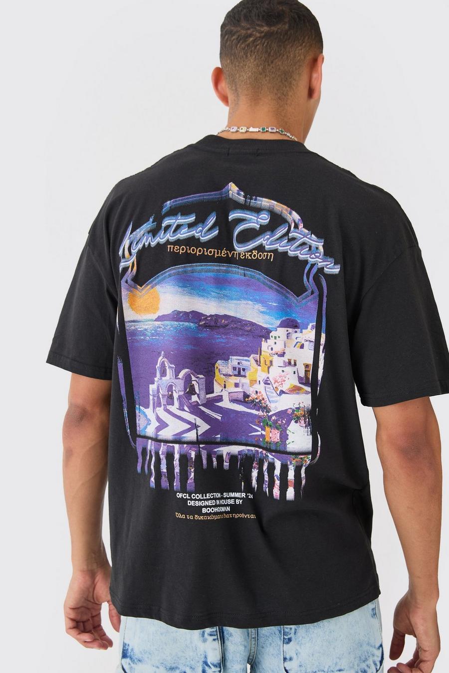 Camiseta oversize con cuello extendido y estampado de paisaje griego, Black image number 1