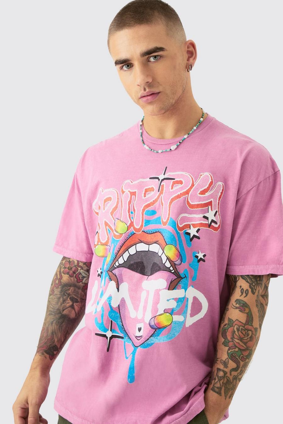 Pink Oversized Trippy Lippen T-Shirt Met Print image number 1