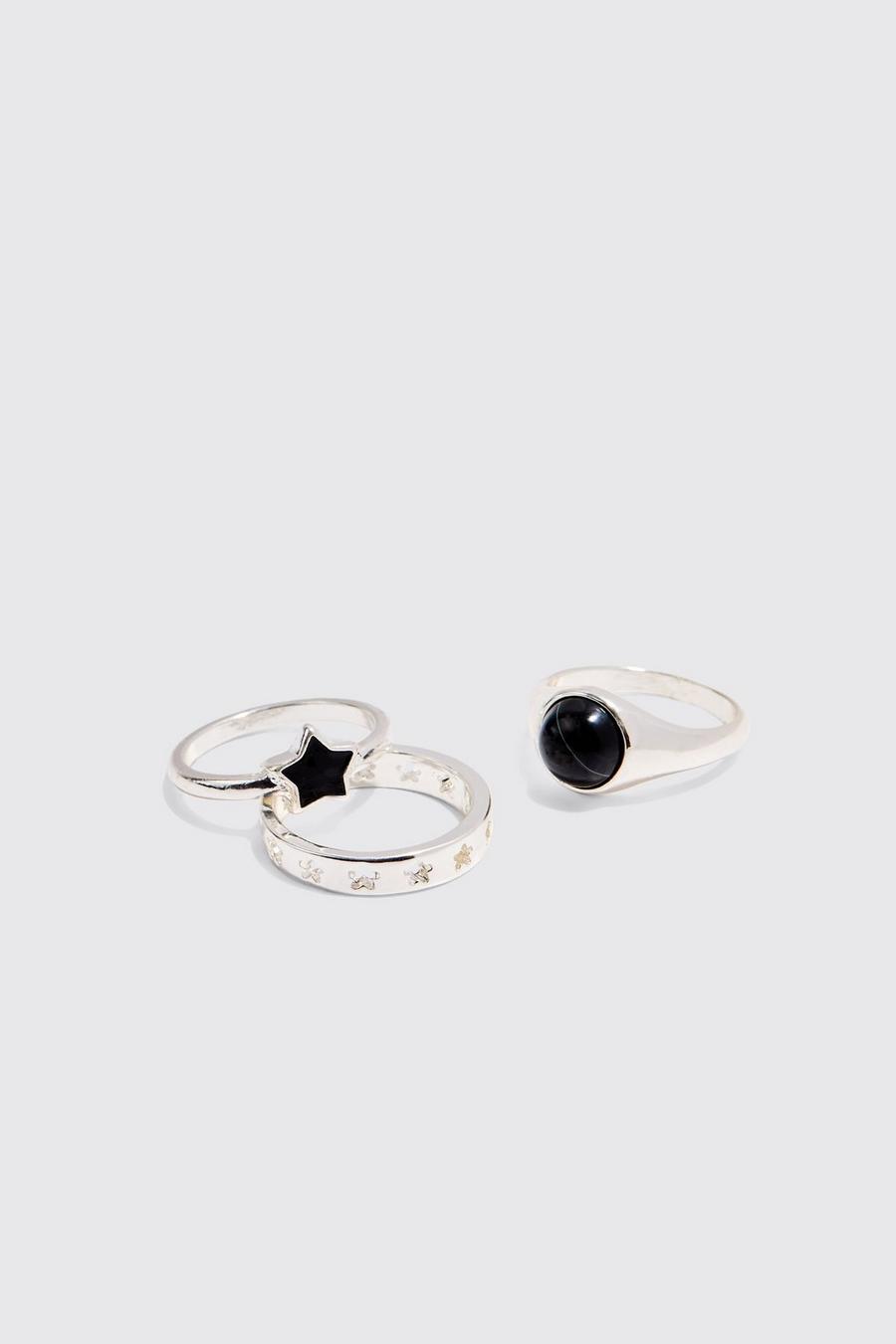 3 Pack Star Graphic Rings In Silver