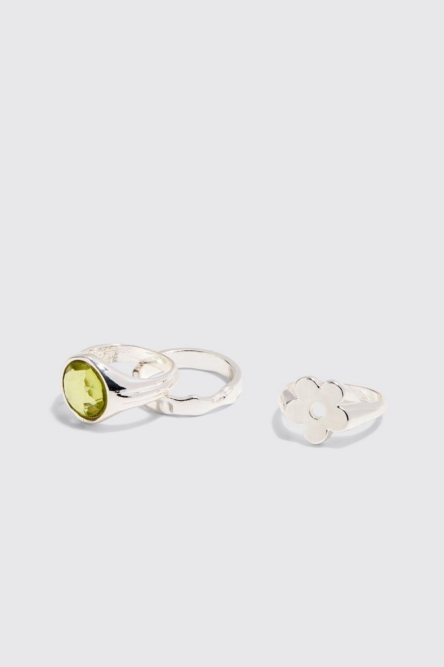3 Pack Gem And Graphic Rings In Silver