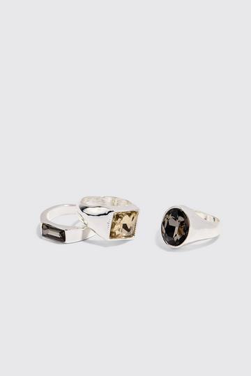 Silver 3 Pack Gem Stone Signet Rings In Silver
