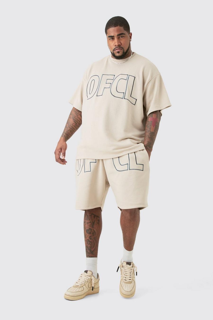 Grey Plus Oversized OFCL Embroidered T-Shirt & Short Set image number 1