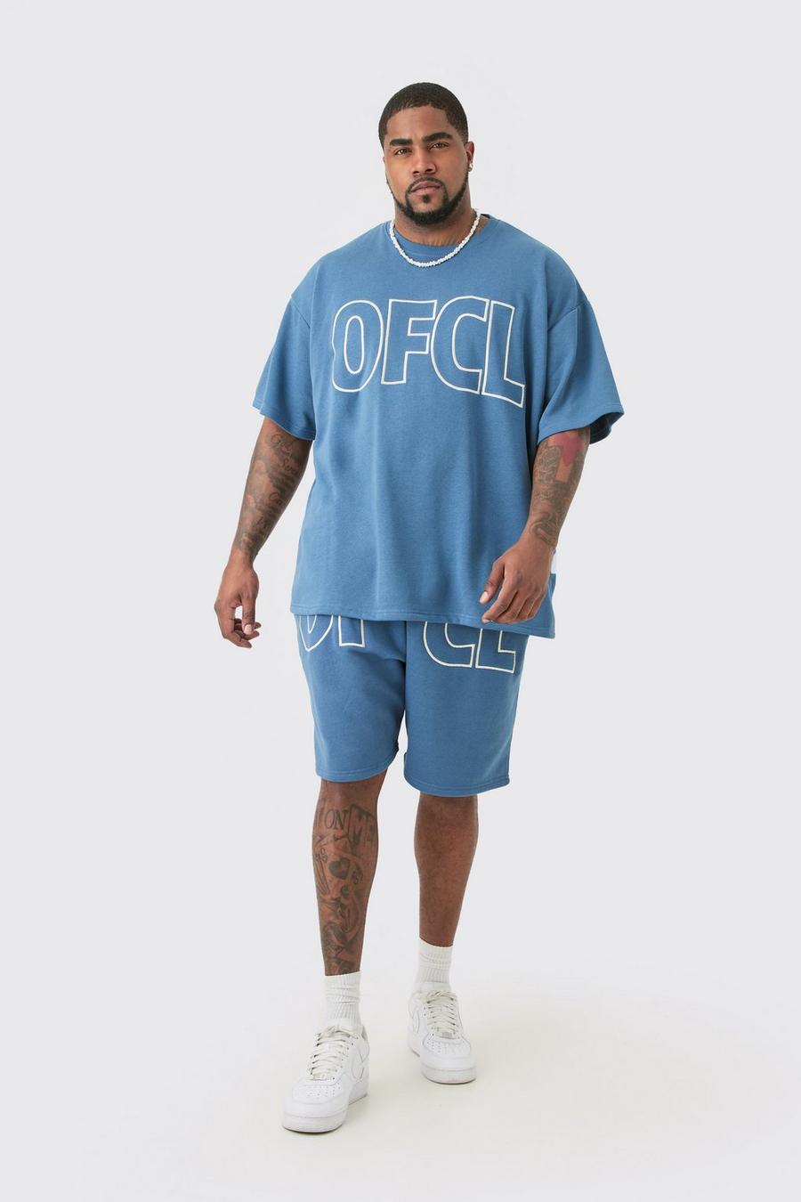Slate blue Plus Oversized OFCL Embroidered T-Shirt & Short Set