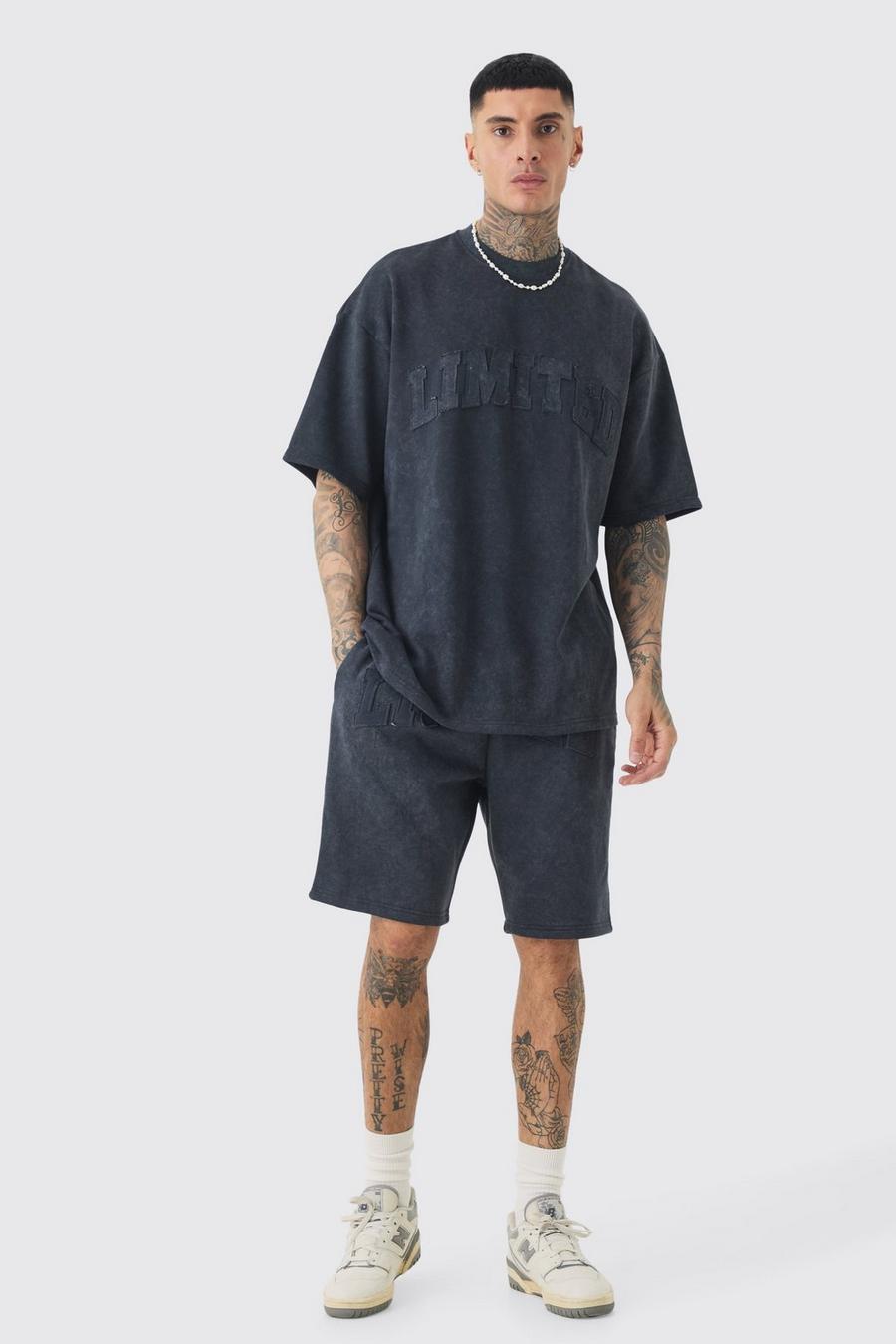 Black Tall Oversized Limited Applique Washed T-shirt & Short Set