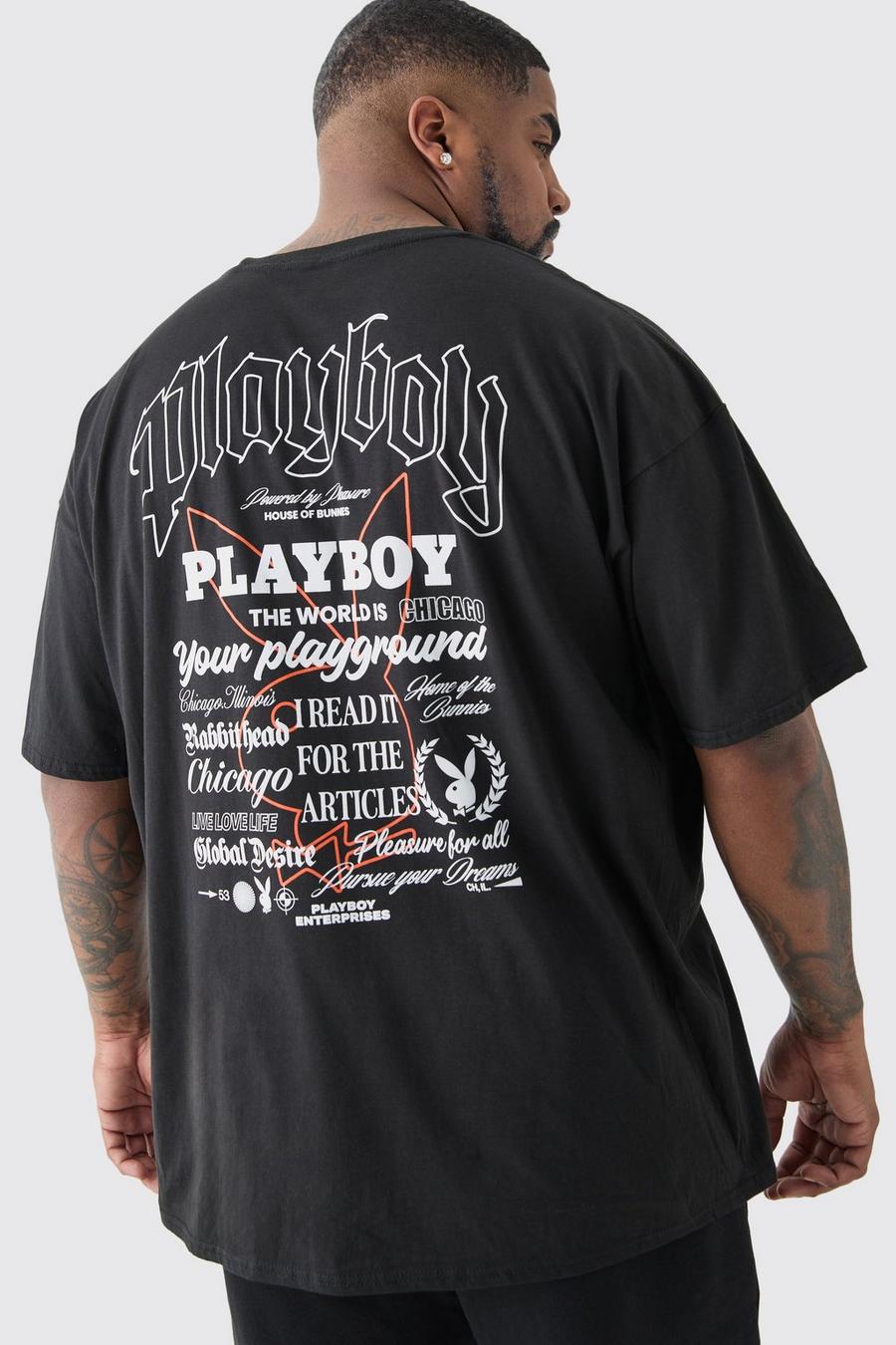 Plus schwarzes T-Shirt mit Playboy-Print, Black image number 1