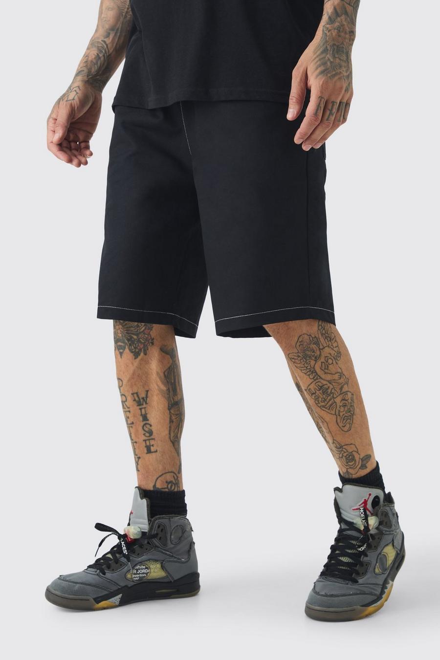 Black Tall Elasticated Relaxed Twill Contrast Shorts image number 1