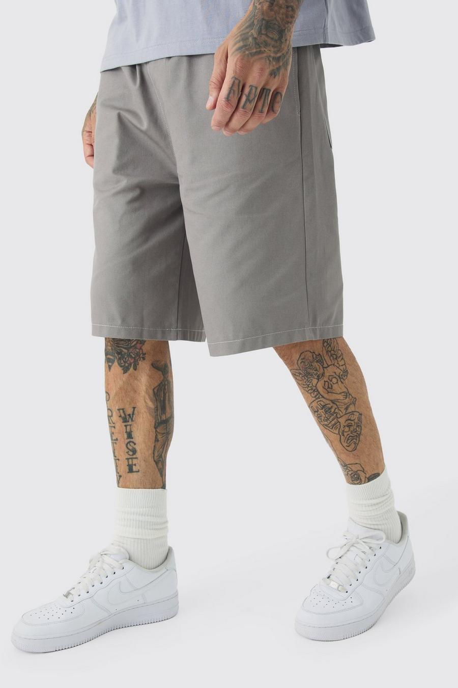 Grey Tall Elasticated Waist Relaxed Twill Contrast Stitch Shorts