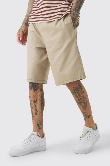 Stone Beige Tall Elasticated Waist Relaxed Twill Contrast Stitch Shorts