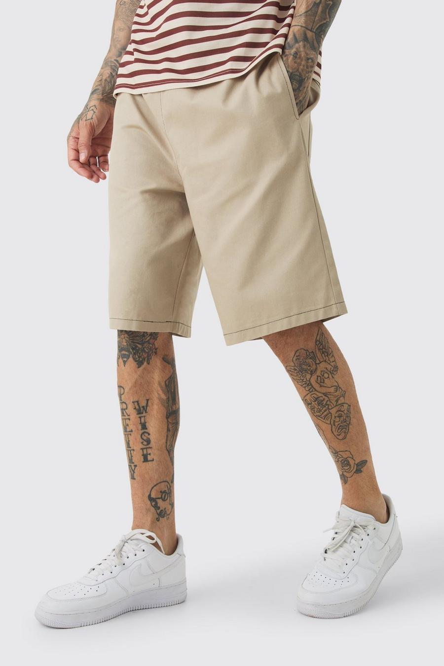 Stone Tall Elasticated Relaxed Twill Contrast Shorts