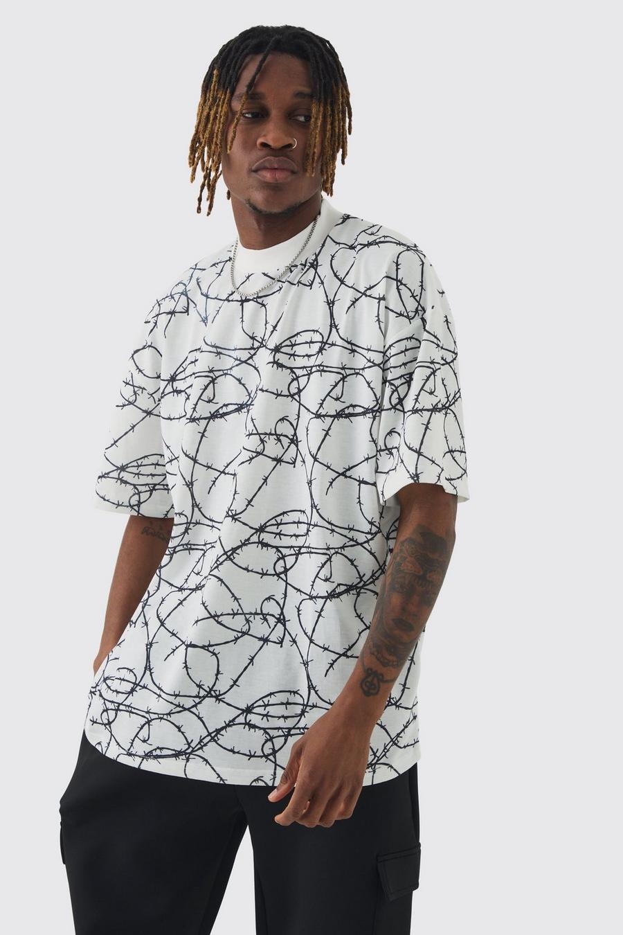 White Tall Oversized Extended Neck Barbwire Graphic T-shirt image number 1