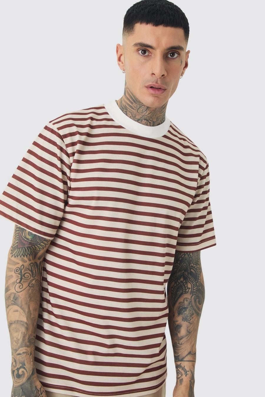 Brown Tall Extended Neck Stripe T-shirt image number 1